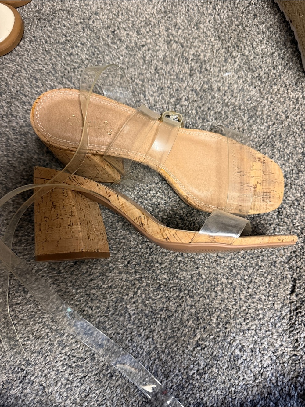 Qupid Clear Strap Cork Block Heel Sandals in Nude/Clear
